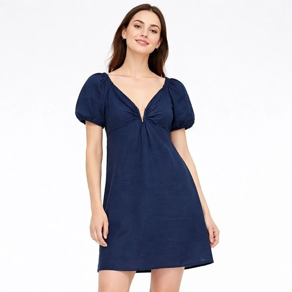 Olivaceous Navy Puff-Sleeve Mini Dress